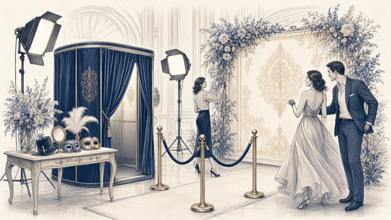 Photo Booth σε γάμο: Γιατί αξίζει να το επιλέξετε — γραμμική εικονογράφηση