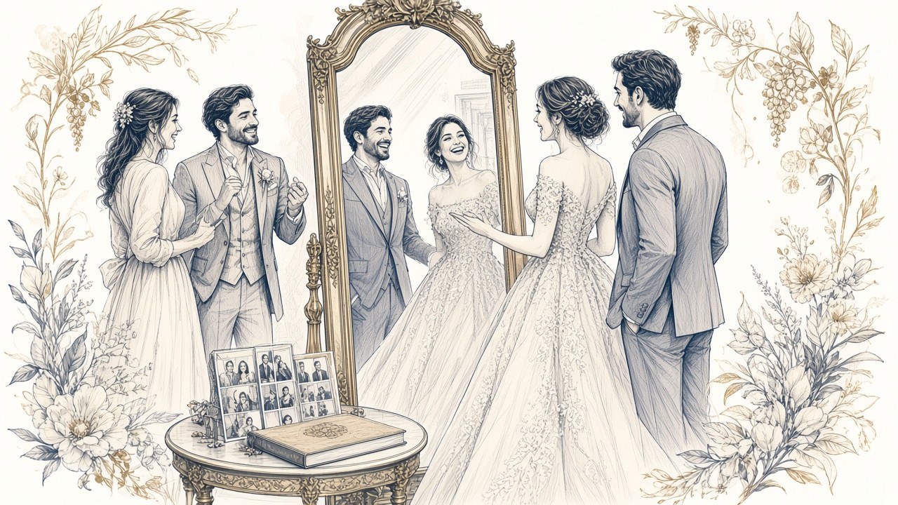 Πόσο κοστίζει ένα Photo Booth γάμου; Τι περιλαμβάνει η τιμή — γραμμική εικονογράφηση