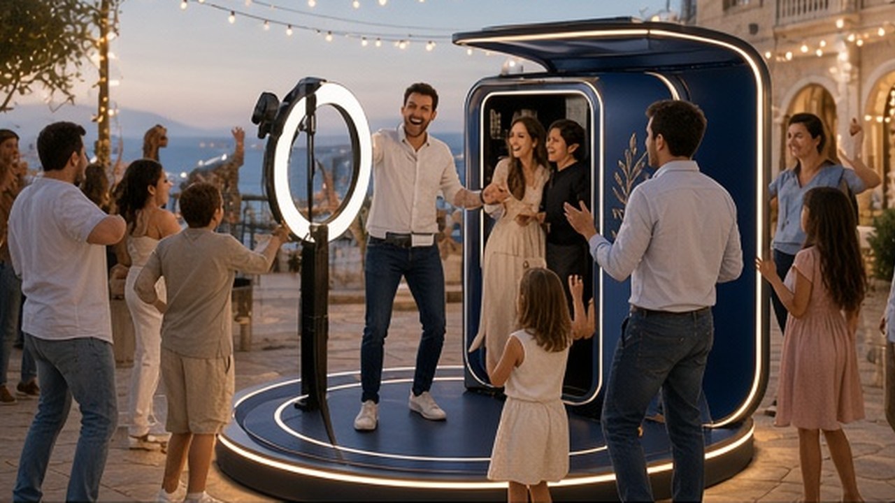 360 Photo Booth Βόλος — γραμμική εικονογράφηση